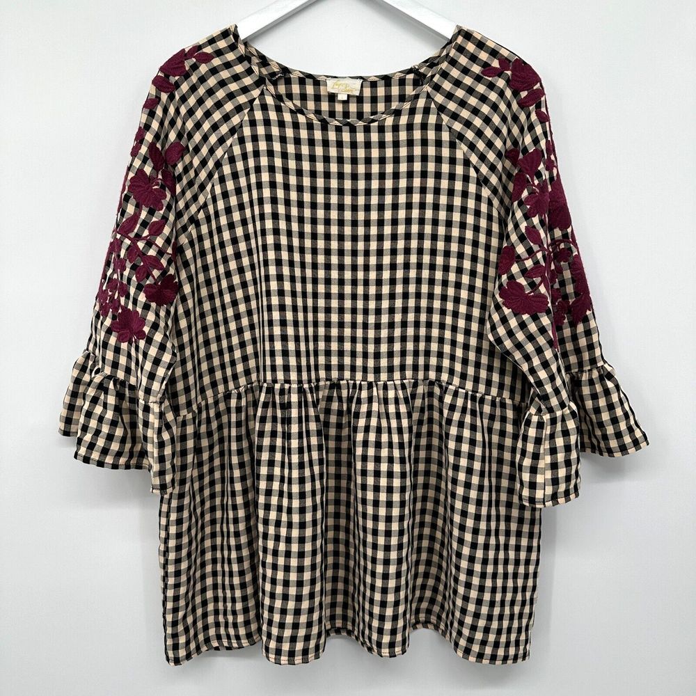 Layerz Tunic Top‎ Shirt Blouse Size Large Embroidered 3/4 Sleeves Black Womens
